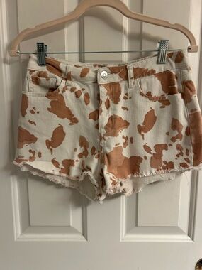 Altar'd State Brown and White Cow-Print Frayed Denim Shorts